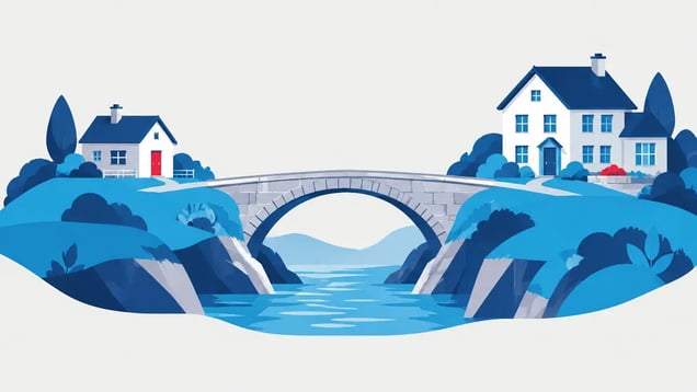 Illustration of a stone bridge linking two hillside homes