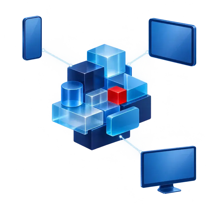 Abstract illustration of modular content blocks delivered to multiple channels