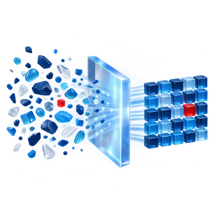 Abstract illustration of scattered data filtered into clean, aligned records