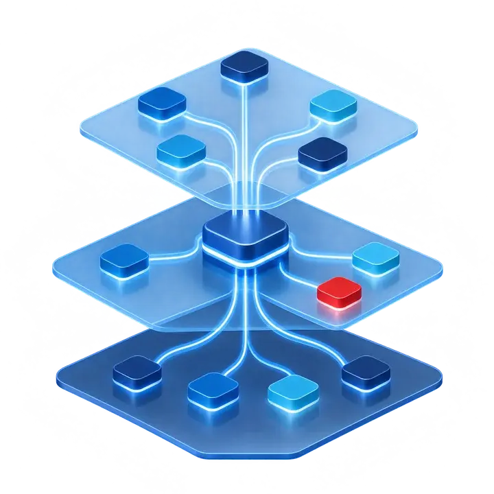 Abstract illustration of API-led integration layers connecting systems