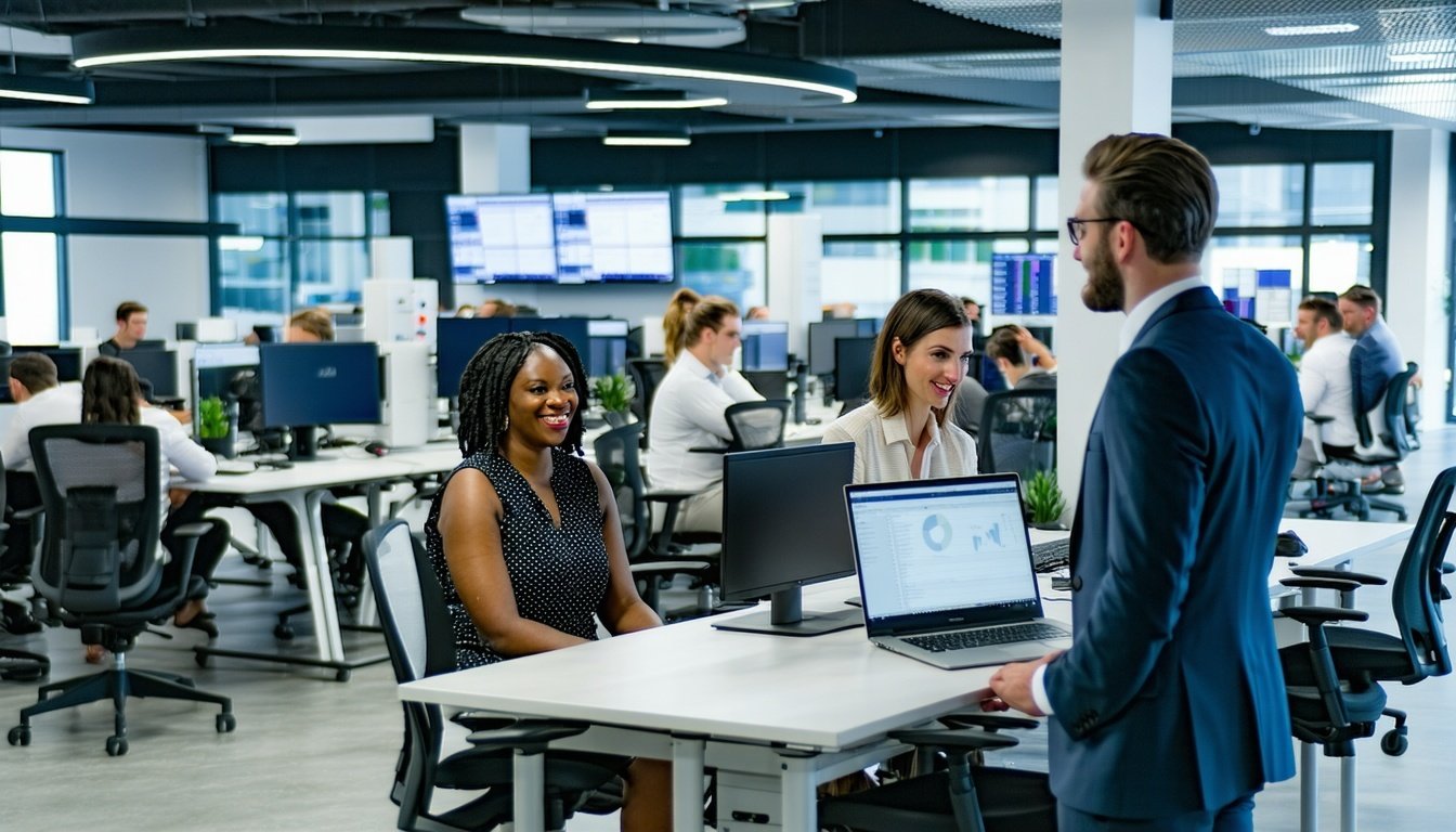A modern open-plan office with several employees working at desks equipped with computers and monitors. In the foreground, two women are seated at a workstation, smiling and engaged in conversation with a man in a suit who is standing and holding a laptop displaying charts. The background shows more employees focused on their work, large windows providing natural light, and multiple digital screens mounted on the walls. The atmosphere appears collaborative and professional.