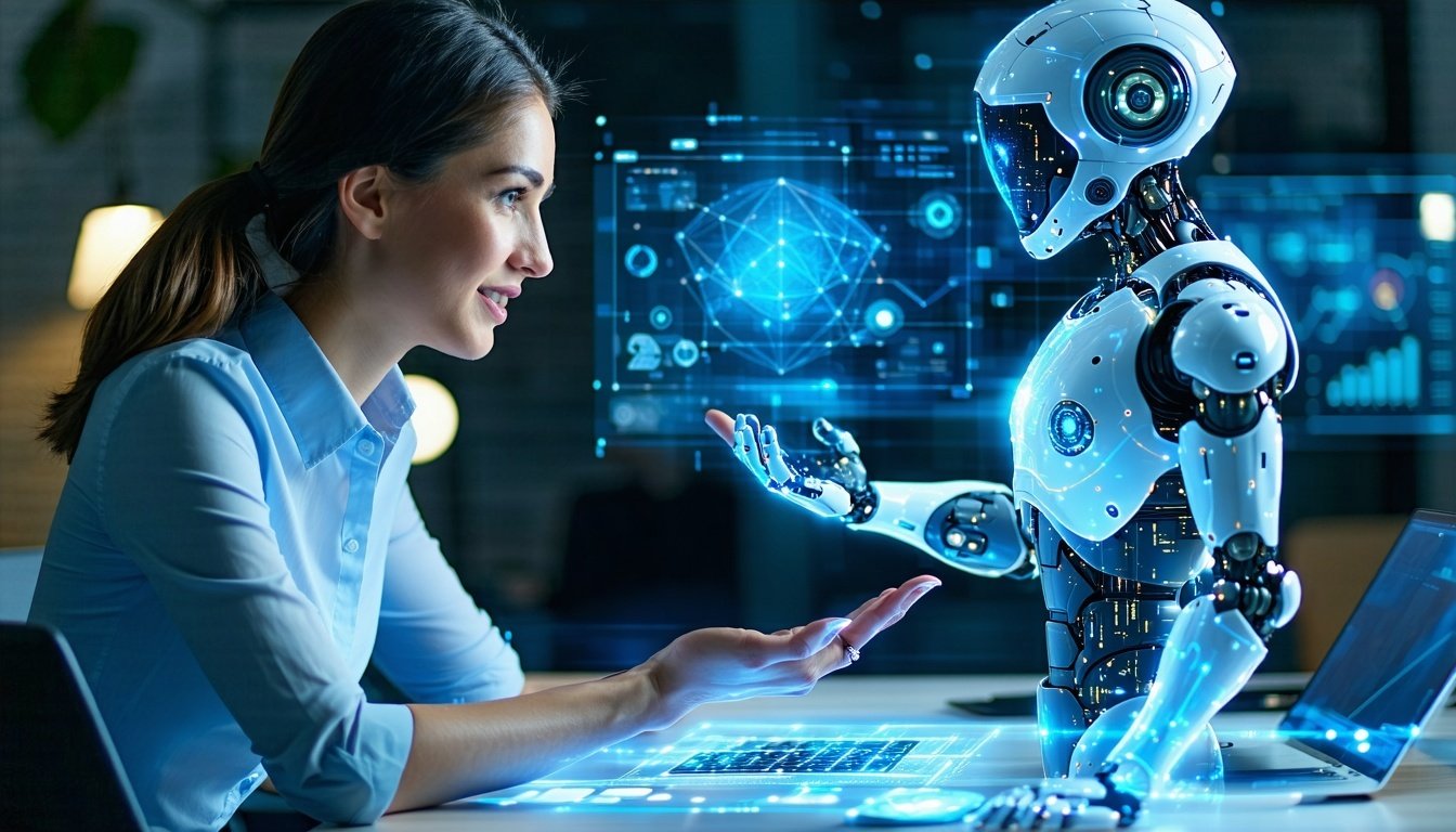 Professional woman in business attire collaborating with a humanoid robot at a desk with digital displays and data visualizations in the background