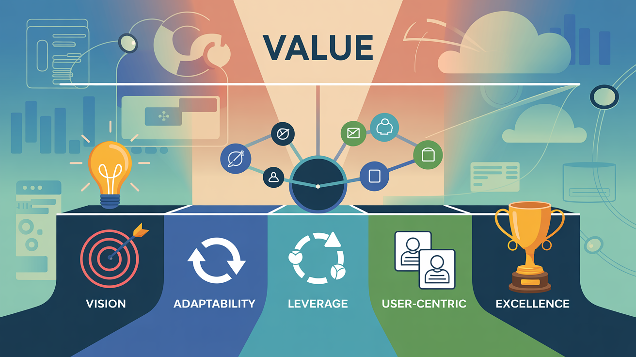 VALUE methodology infographic showing five interconnected components arranged in a flowing design: Vision (with target and lightbulb icons), Adaptability (with circular refresh arrows), Leverage (with interconnected network nodes), User-Centric (with user profile icons), and Excellence (with trophy icon). The design uses a professional color palette of blues, teals, and greens with modern geometric styling, representing Vantage Point's proven process for financial services Salesforce implementations.