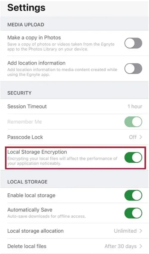 Egnyte advanced security settings on mobile device for financial services compliance