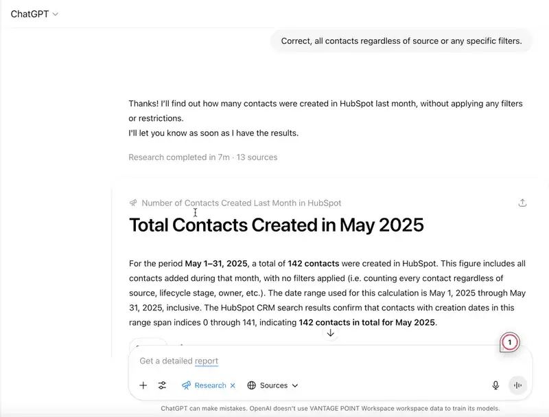 ChatGPT interface displaying HubSpot CRM query results with deal data and contact information